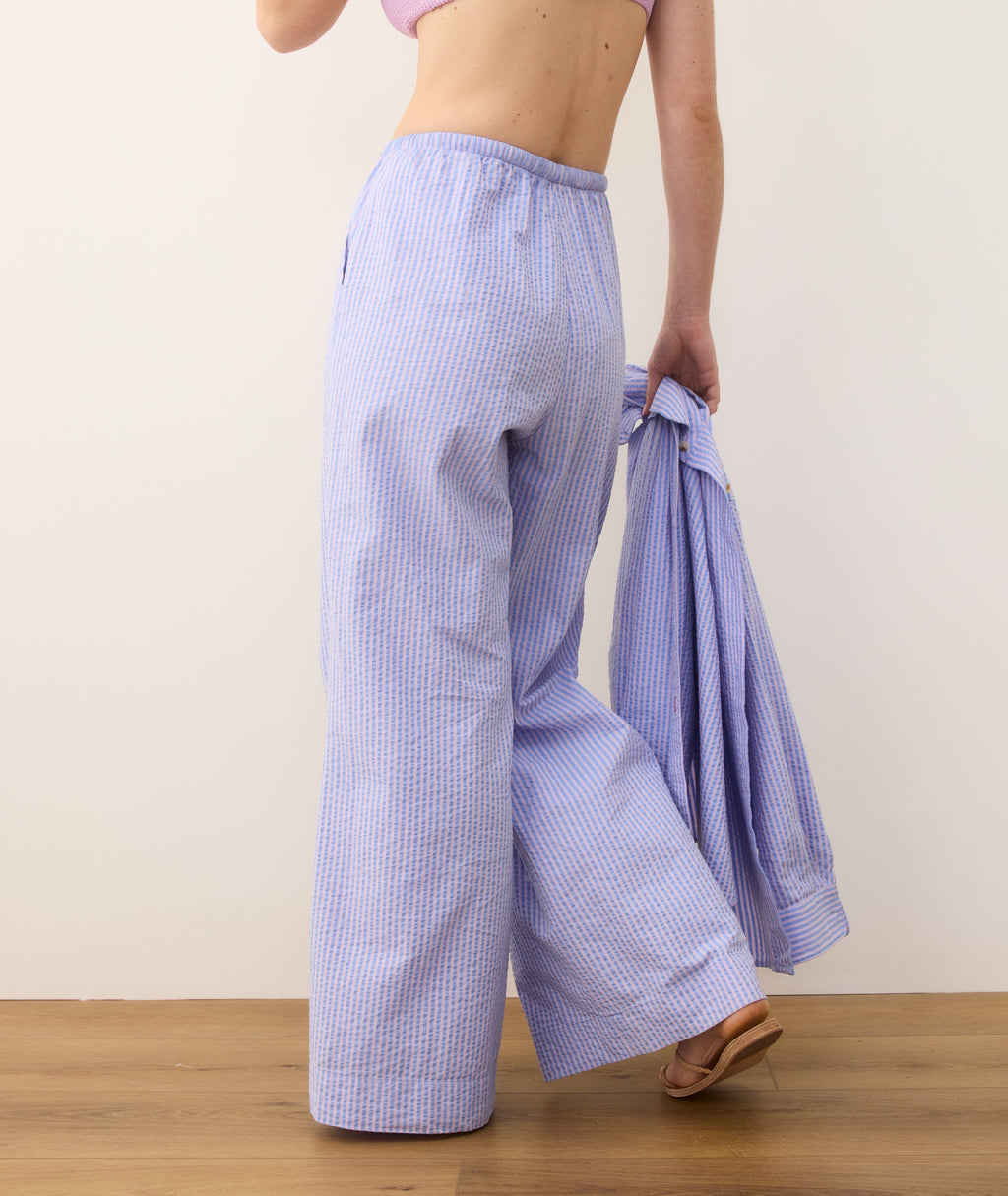 Seersucker Drawstring Wide Leg Pant
