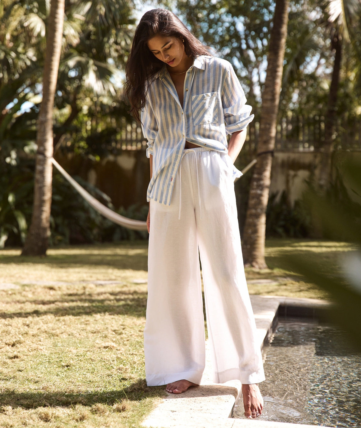Linen Drawstring Wide Leg Pant