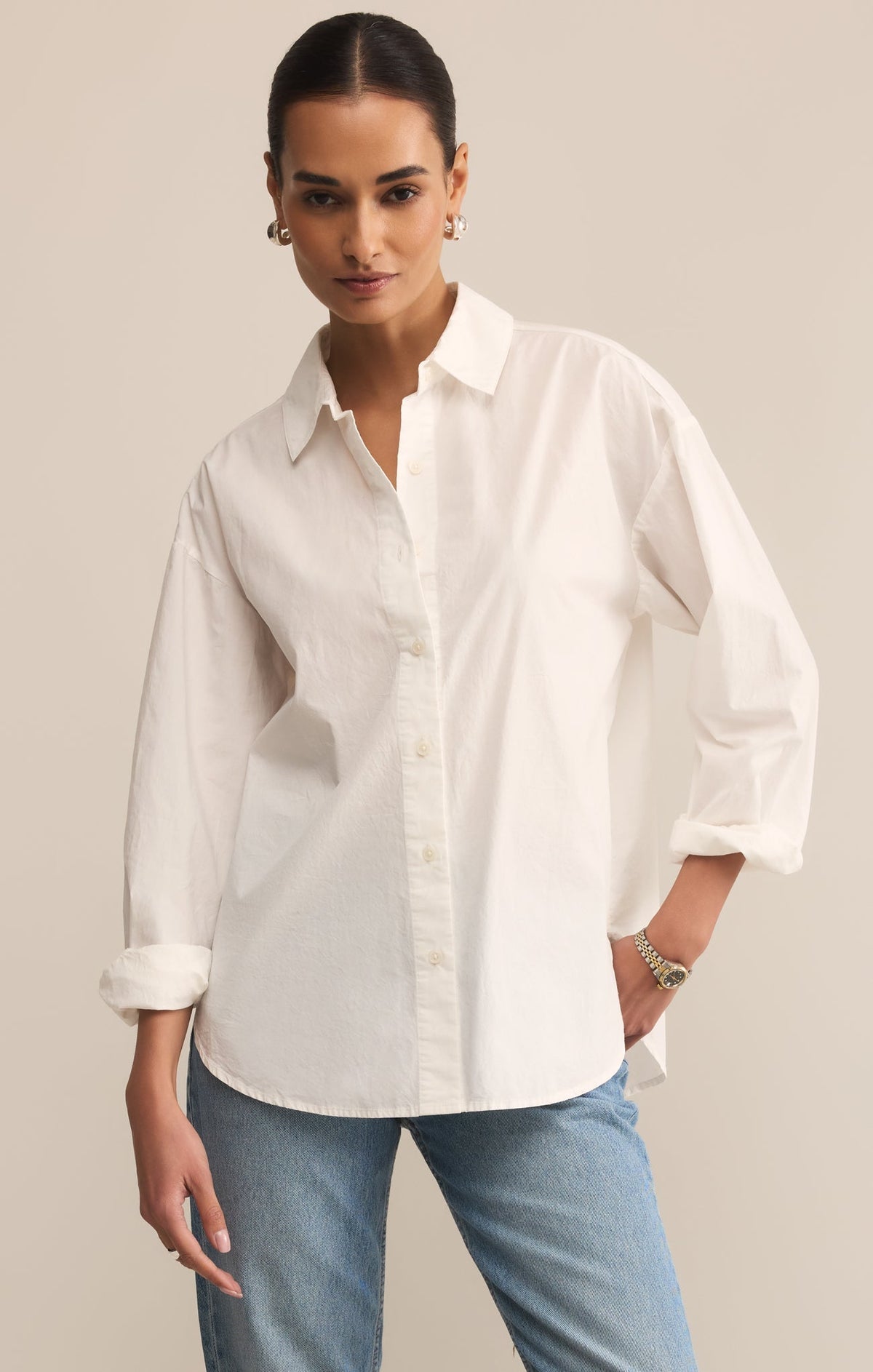 Elevated Poplin Relaxed Button Up Top