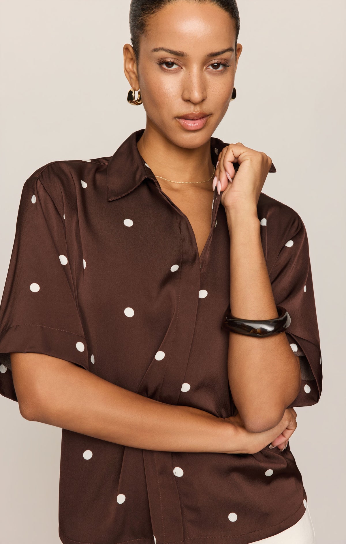 Mari Satin Dot Button Up